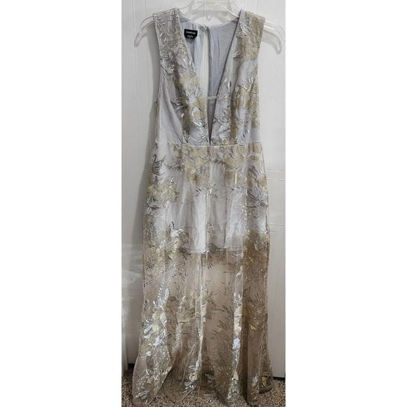 Bebe Womens Formal Maxi Illusion Dress Gold/Silver Floral Embroidered Sz  Medium Dresses
